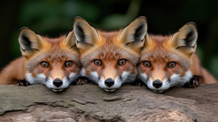 Fototapeta premium Three red foxes huddle together, heads close, looking directly at the viewer, on a log