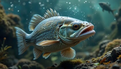 Fish Swimming in Blue Water with Bubbles and Rocky Bottom
