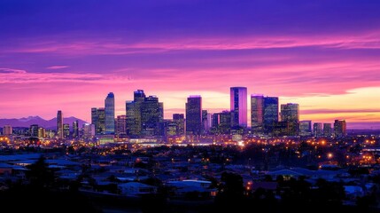 Fototapeta premium Vibrant city skyline at dusk with colorful sunset illuminating buildings and streets