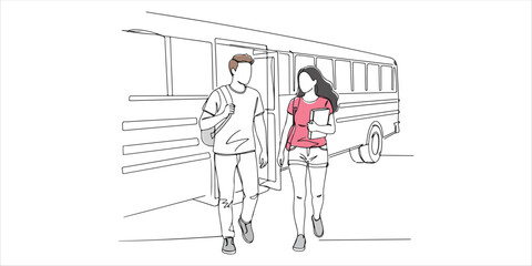 walking out school bus a single continuous line drawing depicts two students, one male and one female, walking away from a school bus. The illustration highlights the importance of safely transporting