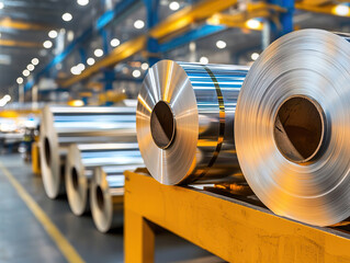 Giant steel coils stored in industrial warehouse, showcasing modern manufacturing environment with vibrant lighting