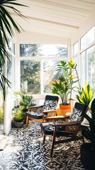 Bright sunroom filled with plants and comfortable seating