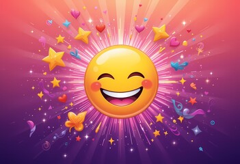 Happy Emoji with Burst of Joy, Smiling emoticon surrounded by colorful stars and hearts.