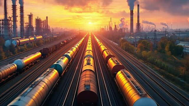 Industrial Sunrise: A dramatic sunrise casts a golden light over a bustling industrial landscape, highlighting a freight train on parallel tracks and an industrial complex
