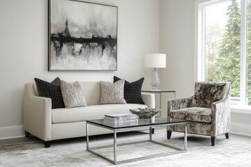 Modern living room featuring a cream sofa, a plush brown chair, and a glass coffee table, accented by neutral tones and abstract art