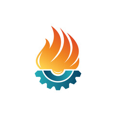 Logo design of a cog with a flame, symbolizing industry, energy, and innovation, often representing power, machinery, and creativity in motion.

