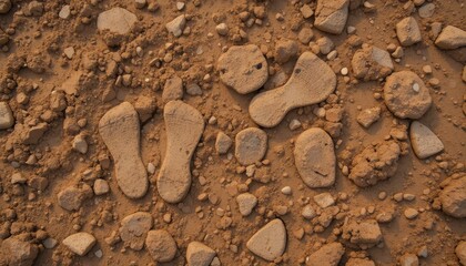 Warm Ochre Soil Background Texture Footprints and Pebbles