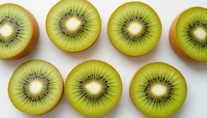 Fototapeta premium Juicy Kiwi Slices A Vibrant Display of Fresh, Ripe Fruit on White Background