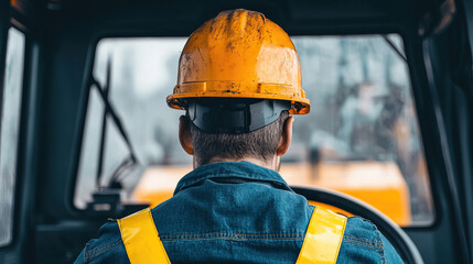 Heavy machinery operator wearing yellow hard hat, focused driving construction environment, showcasing dedication and safety