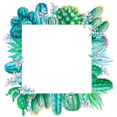 Square frame of plants, cactus illustration, Square frame with cactus