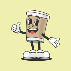Smiling Coffee Cup: A cheerful, cartoon-style coffee cup character with a bright smile and a thumbs-up gesture, radiating positivity and inviting approachability.