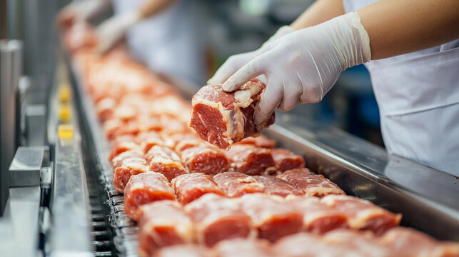 Worker in white gloves handling raw meat pieces on a conveyor belt in a food processing factory