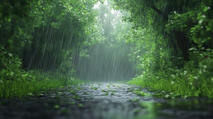 Obraz premium A quiet forest road with light rain falling over fresh green leaves