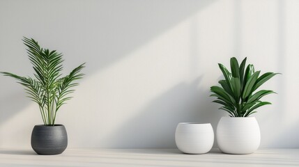 Fototapeta premium Modern indoor plants in stylish pots against a textured wall.