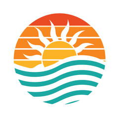Retro Sunset Over the Ocean Graphic Design . Vector retro for greeting card, banner, poster, t-shirt