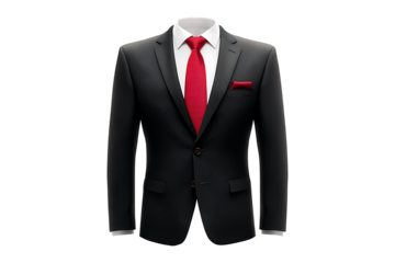 Black suit with red tie Isolated on White and Transparent Background PNG Image.
