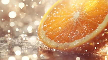 An orange slice rests on a reflective surface surrounded by glowing golden bokeh, highlighting its juicy texture and vibrant freshness, evoking warmth and vitality.. AI Generation