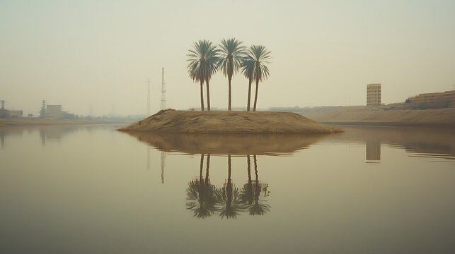 Three palm trees on a small island in a calm lake, reflected in the still water. - Powered by Adobe