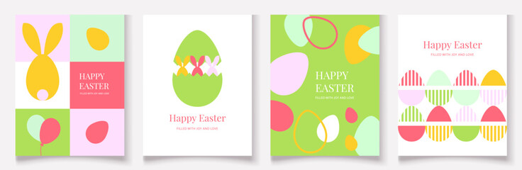 Set of Happy Easter cards in a modern minimalistic style with geometric shapes and eggs. Trendy editable vector template for greeting cards, posters, banners, invitations, and social media posts.