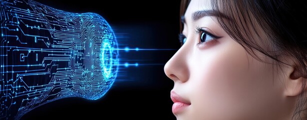 KPI-driven performance management for business success, A woman interacting with advanced digital technology concepts.