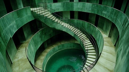 Emerald green spiral staircase descending to a circular pool.