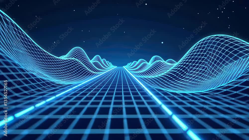 Poster Retro Futuristic Grid Landscape with Glowing Lines and Rolling Hills