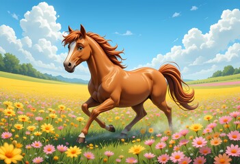Obraz premium Chestnut Horse Galloping in Flower Field, Beautiful chestnut horse running freely in a vibrant flower meadow.