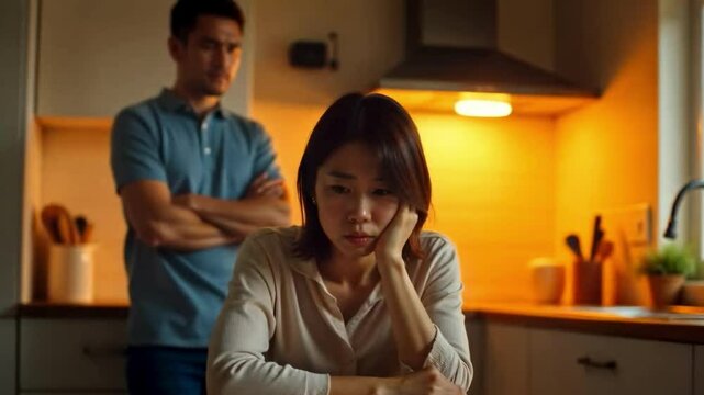 portrait of stressed woman and her husband on background, argument, dysfunctional relationships
