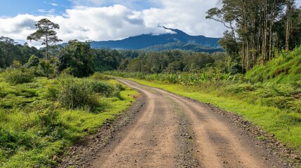 Fototapeta premium A scenic drive through lush green woods with towering mountain peaks in the distance