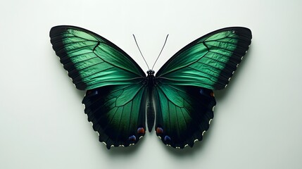 Fototapeta premium 74. A butterfly with deep green wings and a dark outline resting against a pure white surface