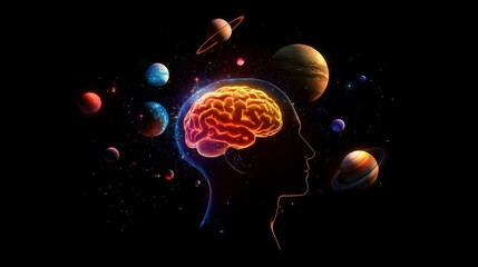 Fototapeta premium A vibrant glowing brain highlighted in a silhouetted head, surrounded by colorful planets, symbolizing a cosmic connection of intelligence and space exploration.. AI Generation