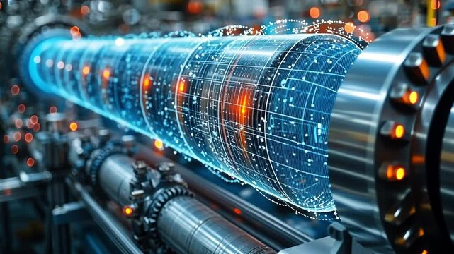 Technological Marvel: A glimpse into the cutting-edge world of industry, showcasing a complex piece of machinery with mesmerizing digital overlays.