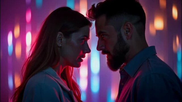 portrait of stressed woman and her husband on background, argument, dysfunctional relationships
