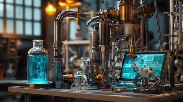 A futuristic steampunk lab featuring intricate machinery, robotic arms, and a glowing vial of blue liquid. Perfect for themes of innovation, science fiction, and mechanical fantasy.. AI Generation