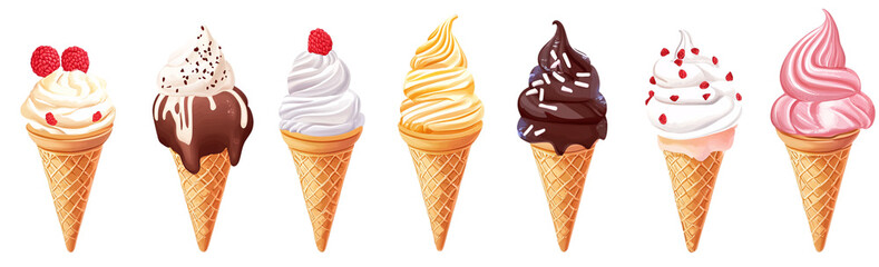 Assorted ice cream cones isolated on a transparent background