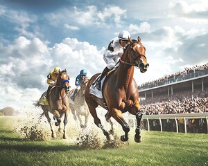 Horse race finish with stadium, and jockeys.