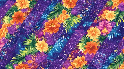 Vibrant floral pattern with diagonal stripes.