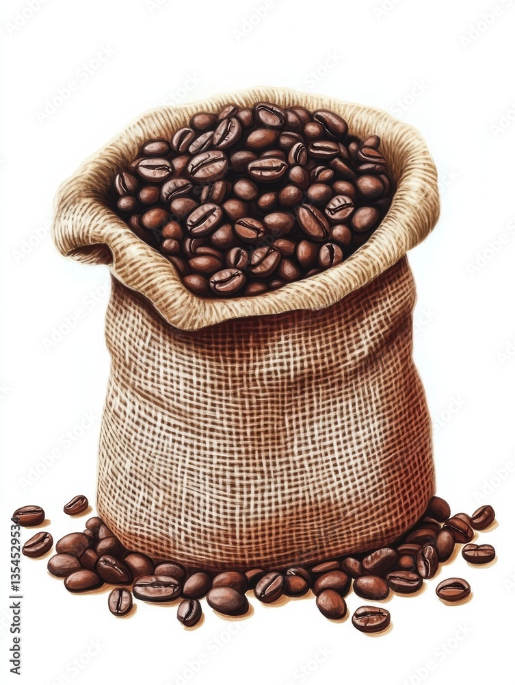 Poster burlap sack overflowing with fresh roasted coffee beans, showcasing coffee production and trade in a