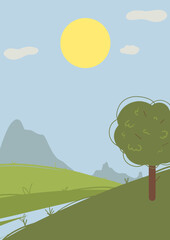 Ilustracja letniego krajobrazu na tle gór w stylu colourful flat illustration, wykonana w graficznym formacie premium clipart na wektorowym tle, pełna żywych kolorów i harmonii natury. © Illia Hryhoriev