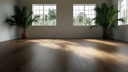 Empty room with hardwood floors and large windows, natural light