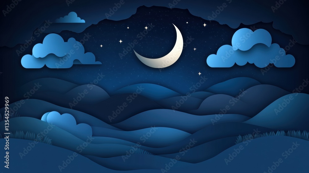 Poster dreamy moonlit landscape featuring a crescent moon and clouds in layered paper cut style with deep b
