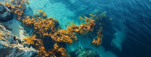 Fototapeta premium Kelp reforestation boosts underwater carbon capture aerial view photo