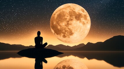 Slow life balance serenity wellness. A serene silhouette sits on a rock, gazing at a large, luminous moon reflecting in tranquil waters under a starry sky.