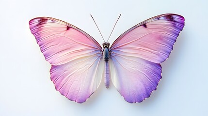 91. A butterfly with pastel-colored wings, featuring light purple and pink tones, on a white surface