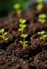 Tiny green seedlings sprout from dark peat moss pots, fragile, horticulture, seed