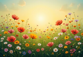 Fototapeta premium Vibrant Wildflower Meadow at Sunset, Beautiful wildflowers in a field at sunset.