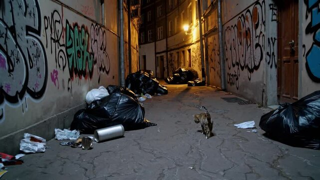 A low-angle video shot of a graffiti-covered alley at night, featuring a cat walking among trash bags, creating a gritty urban atmosphere.