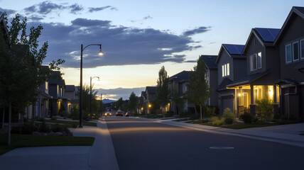 Fototapeta premium Residential street lit by streetlights at night with solar panels visible on the rooftops of homes creating a peaceful suburban vibe