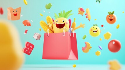 Naklejka premium Colorful groceries joyfully jumping into a bright shopping bag during a cheerful market adventure in a playful cartoon world