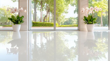 Indoor Elegance White Orchid Plants Near Window Reflection with Natural Light